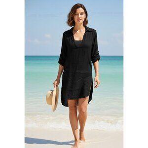 Black O'rageous Swim Coverup Dress V-Neck Collared 3/4 Sleeve Small Rayon